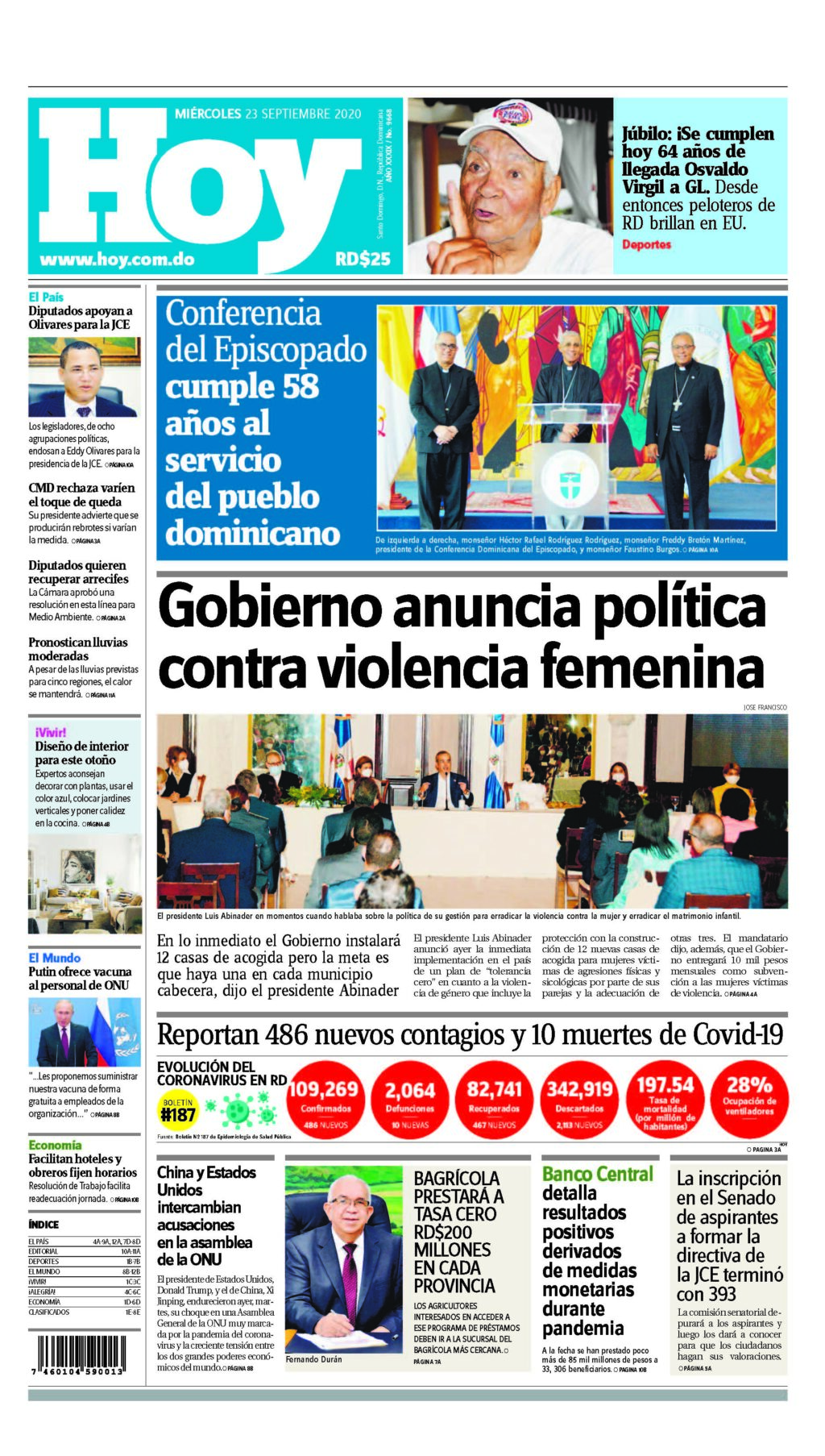 Portada Periódico Hoy, Miércoles 23 de Septiembre, 2020 - Dominicana.do
