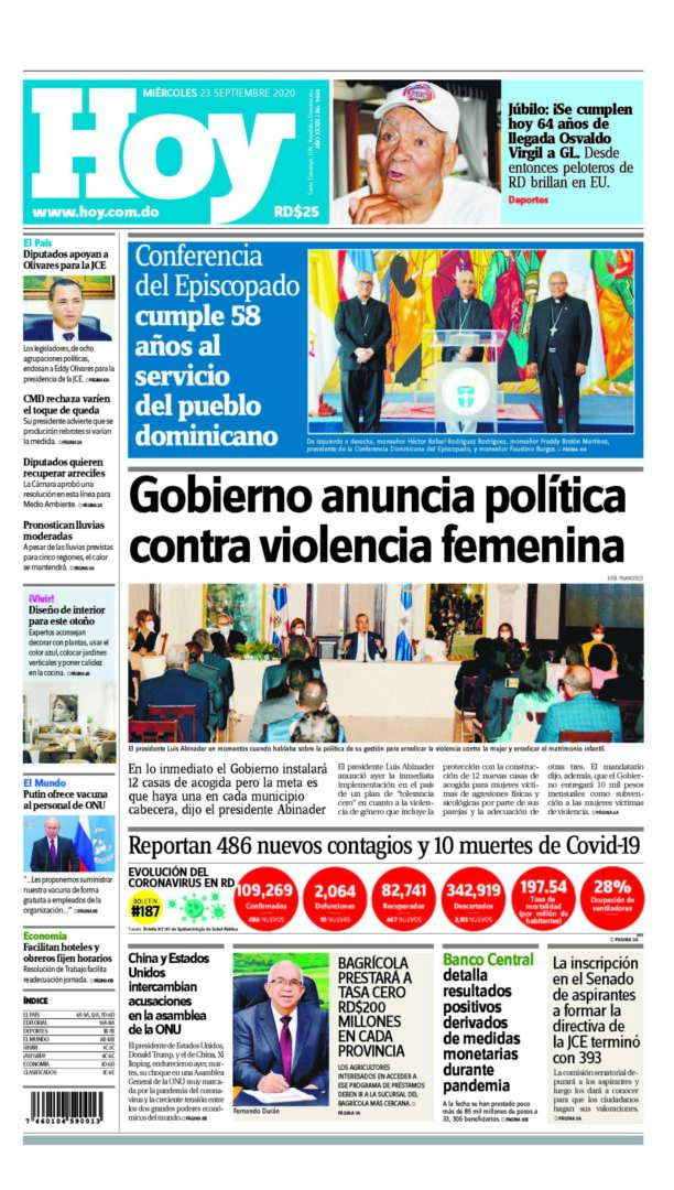 Portada Periódico Hoy, Miércoles 23 de Septiembre, 2020