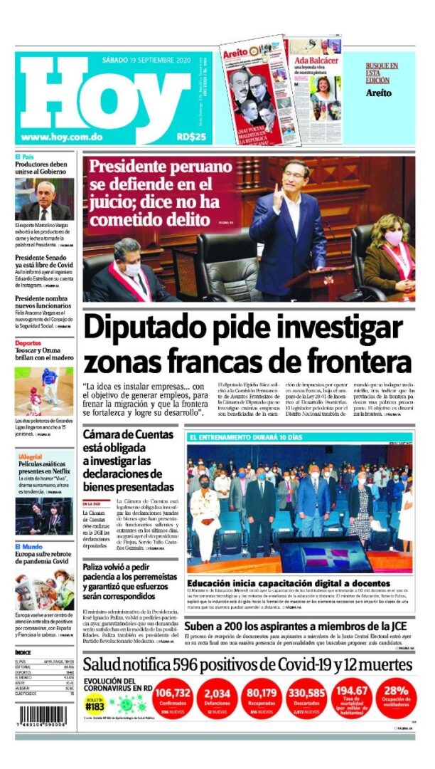 Portada Periódico Hoy, Sábado 19 de Septiembre, 2020