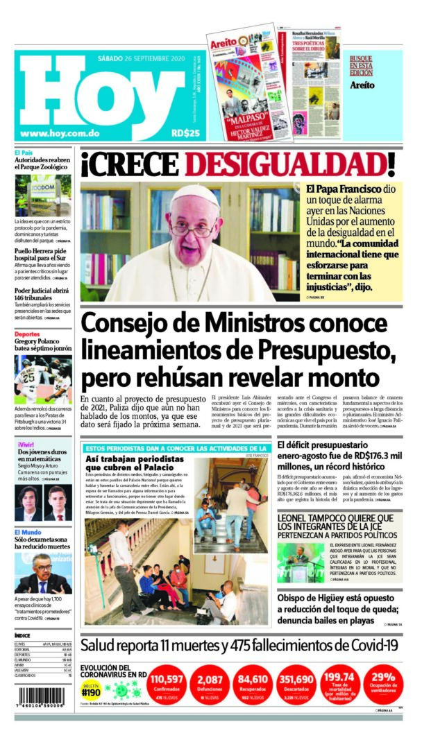 Portada Periódico Hoy, Sábado 26 de Septiembre, 2020