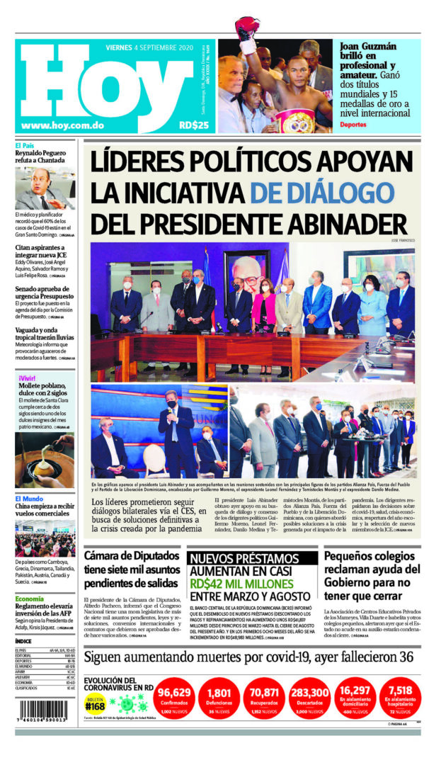 Portada Periódico Hoy, Viernes 04 de Septiembre, 2020