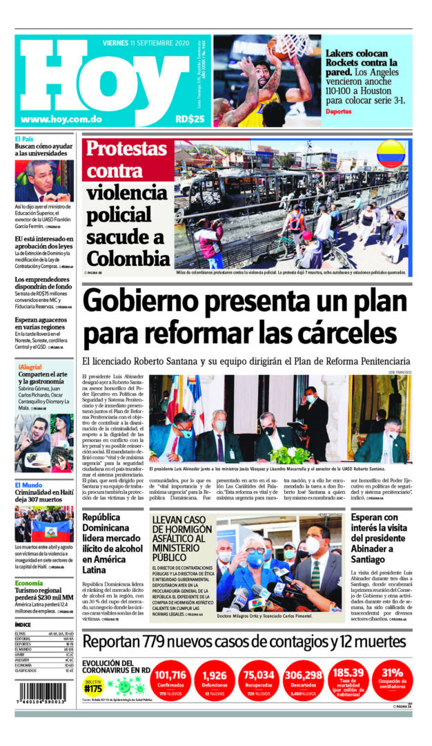 Portada Periódico Hoy, Viernes 11 de Septiembre, 2020