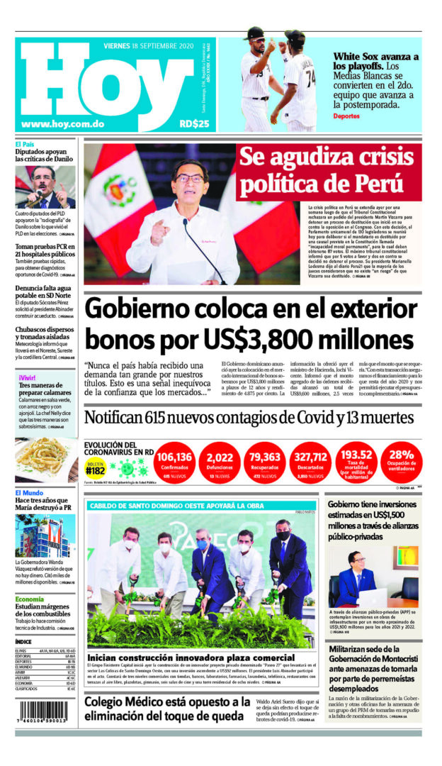 Portada Periódico Hoy, Viernes 18 de Septiembre, 2020