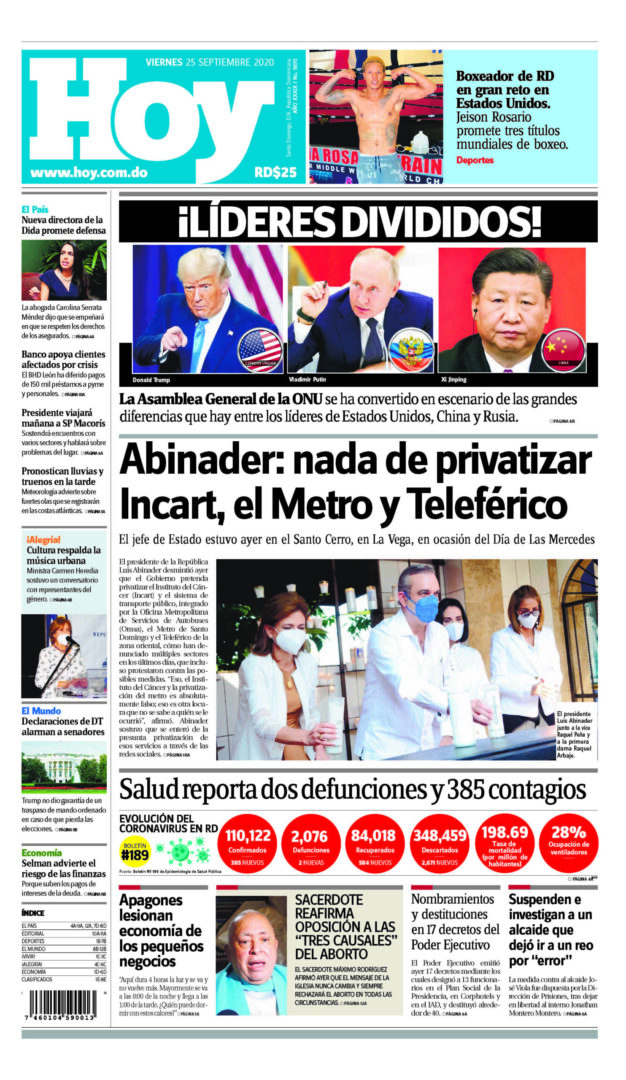 Portada Periódico Hoy, Viernes 25 de Septiembre, 2020