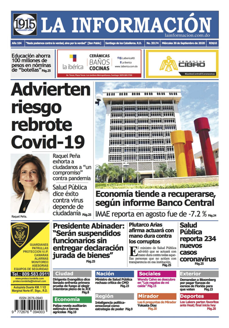 Portada Periódico La Información, Miércoles 30 de Septiembre, 2020
