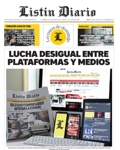 Portada Periódico Listín Diario, Domingo 13 de Septiembre, 2020