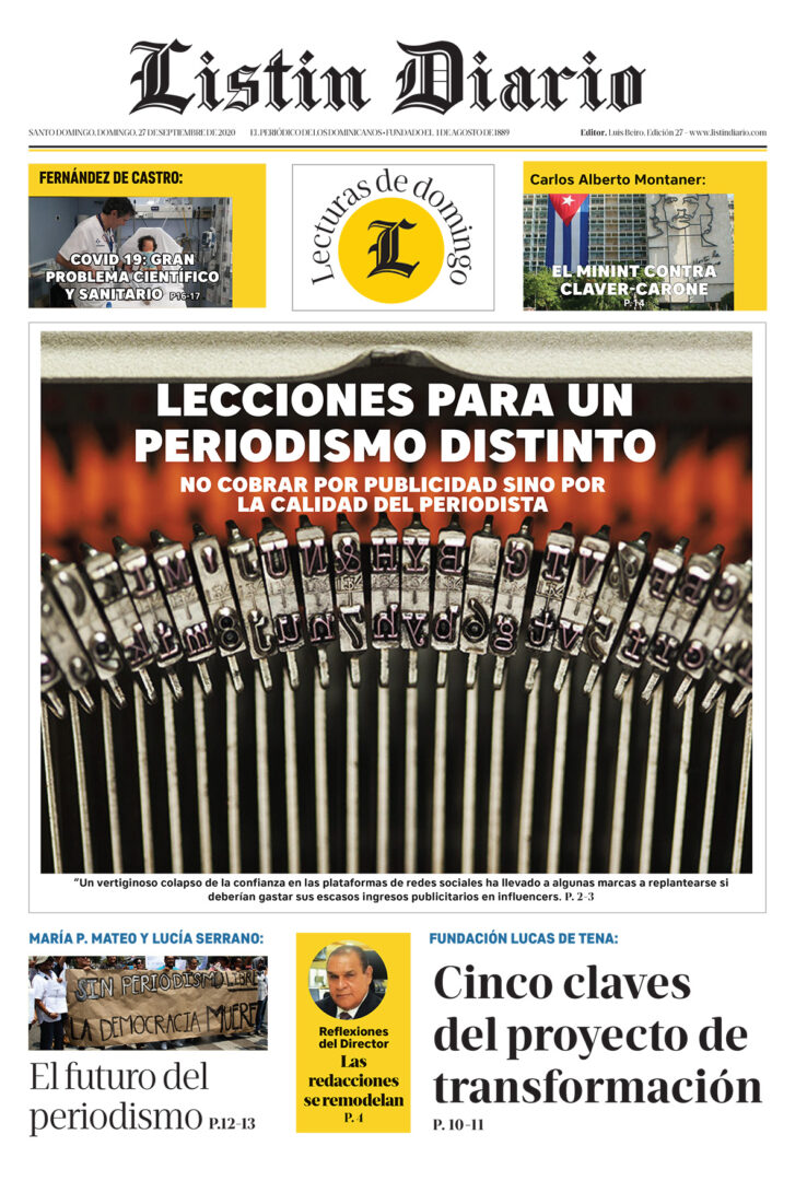 Portada Periódico Listín Diario, Domingo 27 de Septiembre, 2020