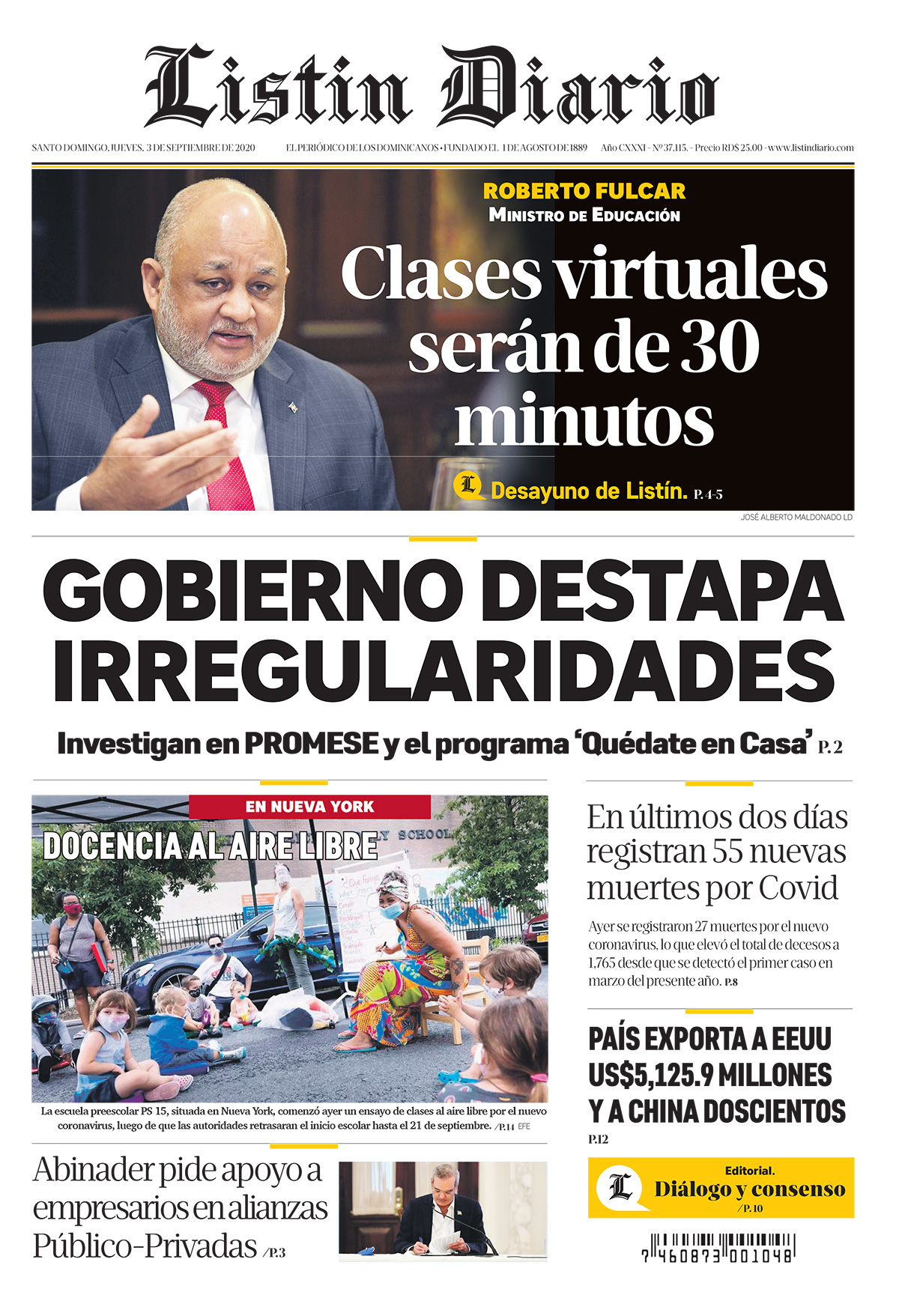 Portada Periódico Listín Diario, Jueves 03 de Septiembre, 2020