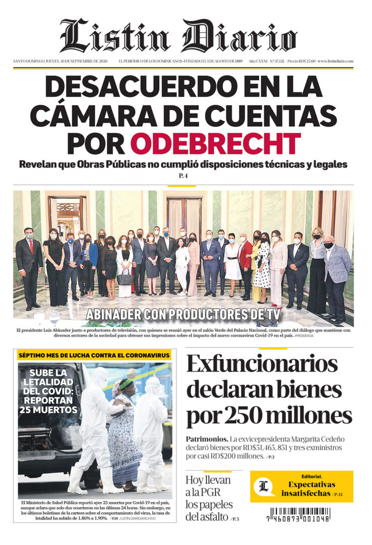 Portada Periódico Listín Diario, Jueves 10 de Septiembre, 2020