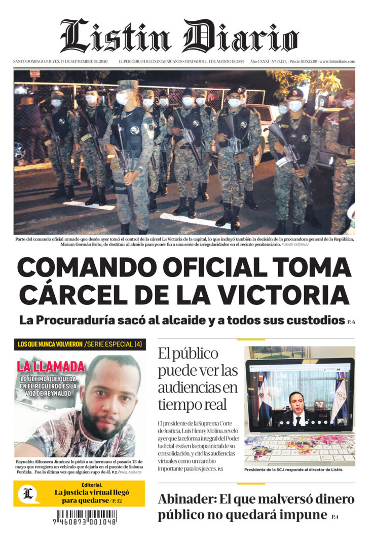 Portada Periódico Listín Diario, Jueves 17 de Septiembre, 2020