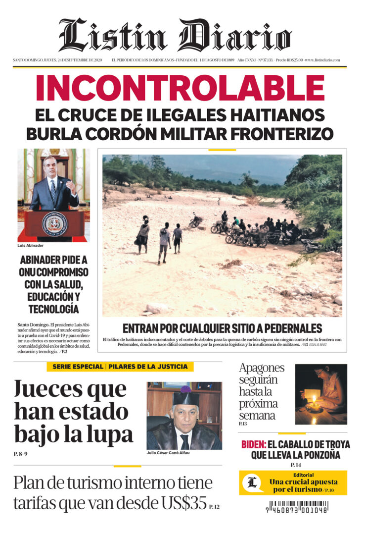 Portada Periódico Listín Diario, Jueves 24 de Septiembre, 2020