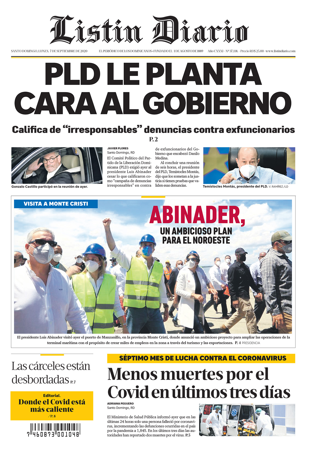 Portada Periódico Listín Diario, Lunes 07 de Septiembre, 2020