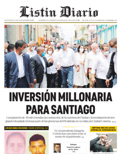 Portada Periódico Listín Diario, Lunes 14 de Septiembre, 2020