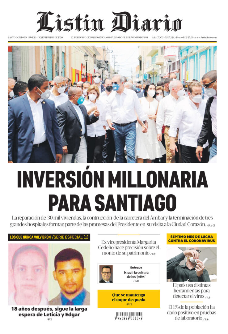 Portada Periódico Listín Diario, Lunes 14 de Septiembre, 2020