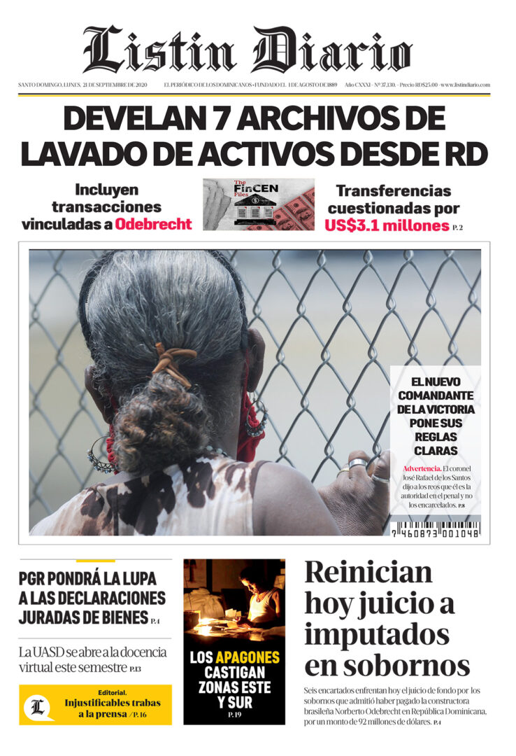 Portada Periódico Listín Diario, Lunes 21 de Septiembre, 2020