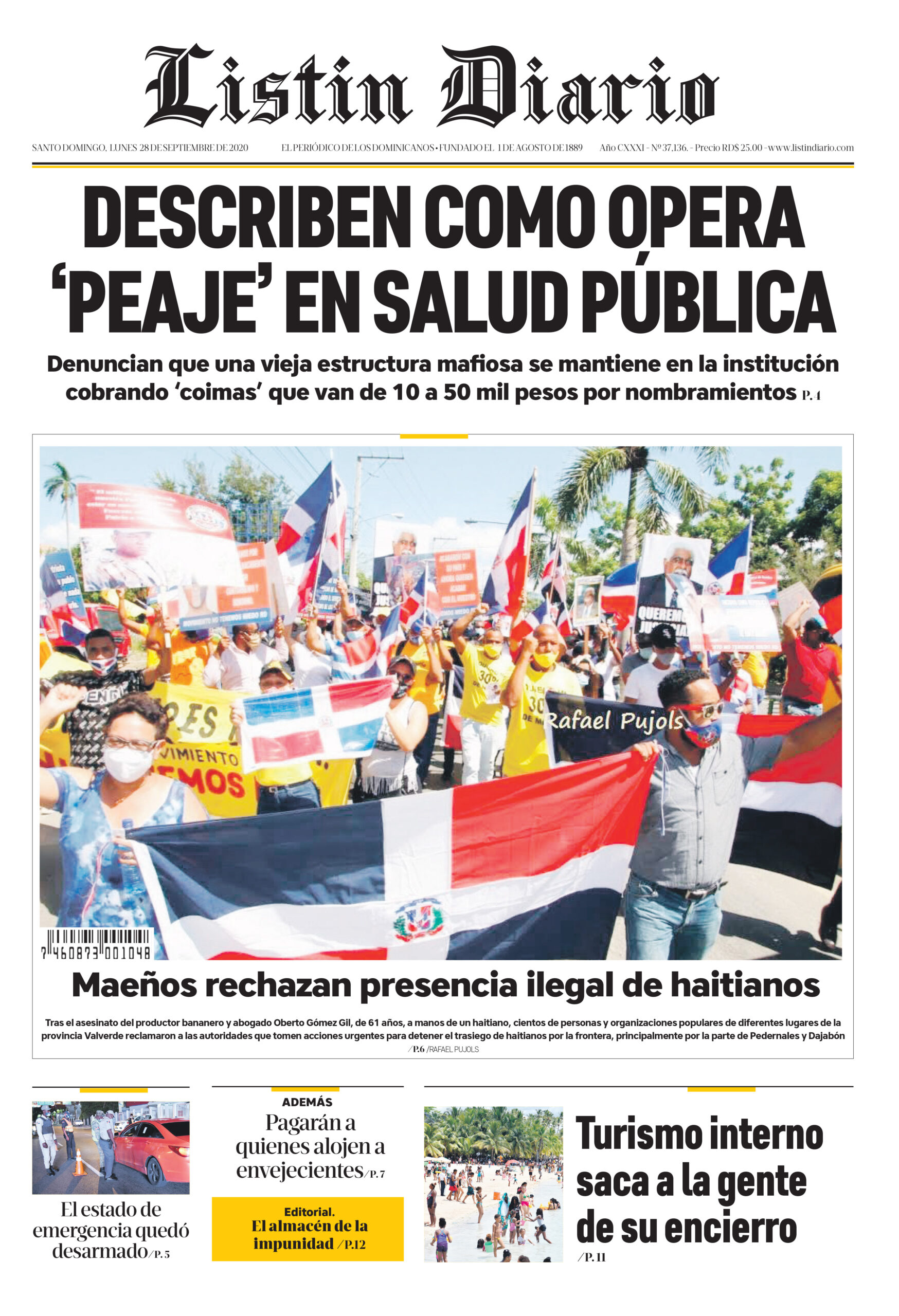 Portada Periódico Listín Diario, Lunes 28 de Septiembre, 2020
