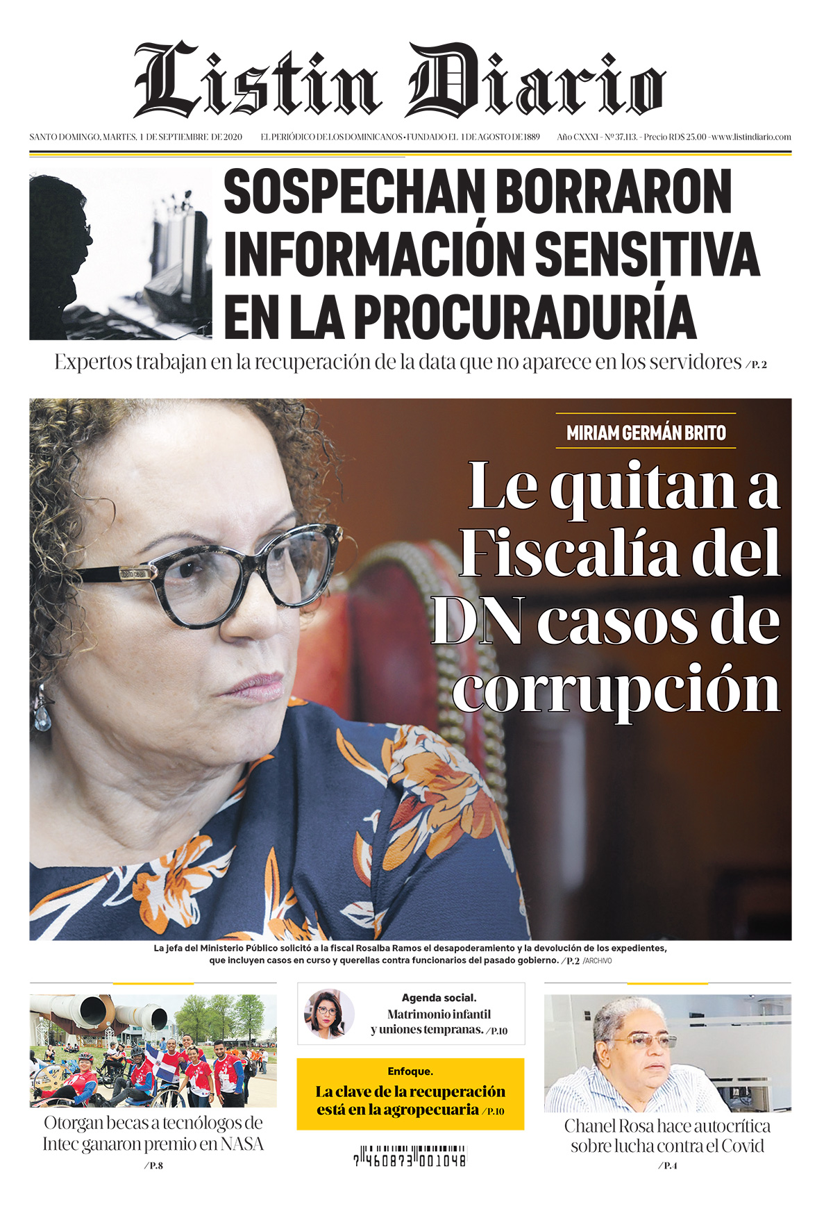 Portada Periódico Listín Diario, Martes 01 de Septiembre, 2020