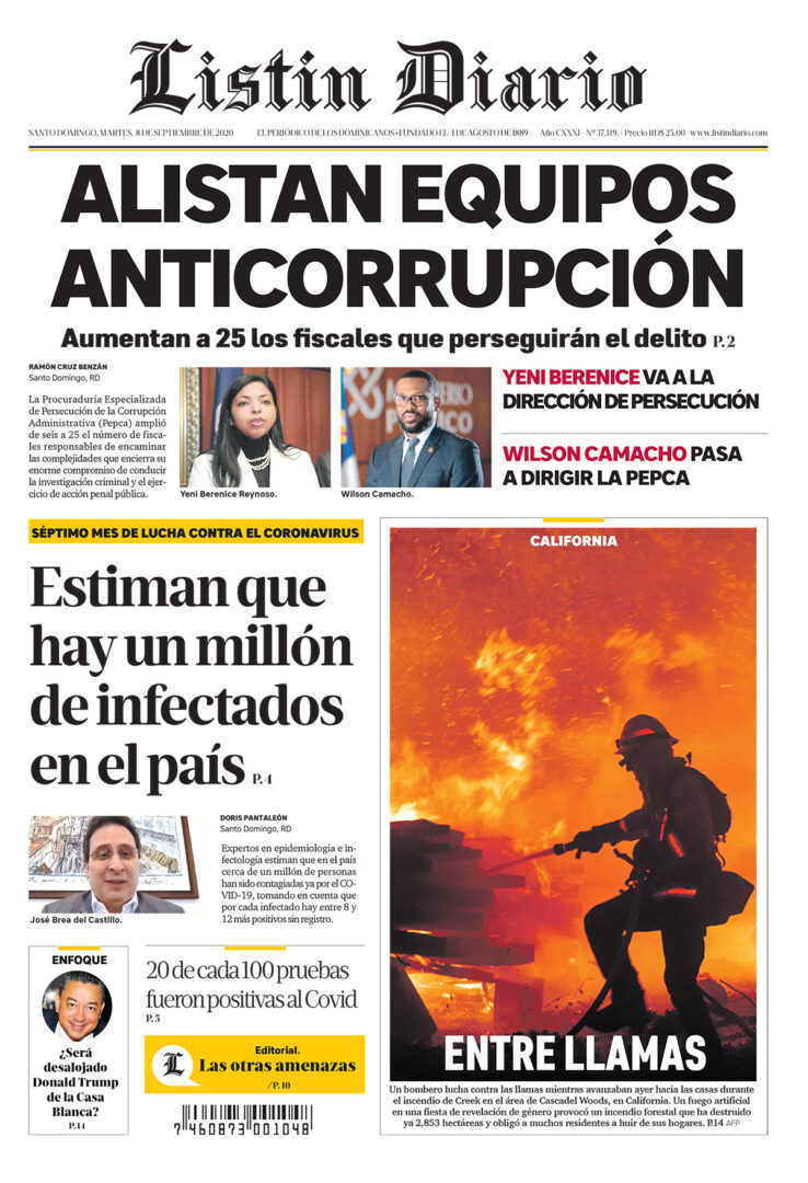 Portada Periódico Listín Diario, Martes 08 de Septiembre, 2020
