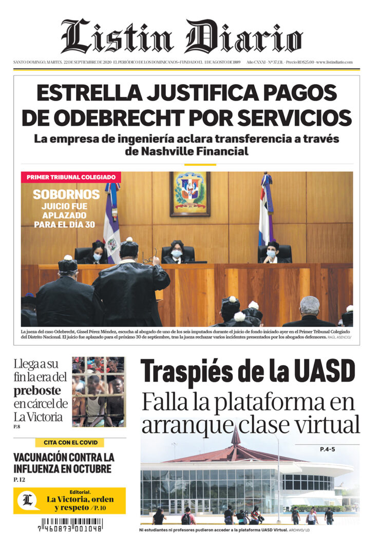 Portada Periódico Listín Diario, Martes 22 de Septiembre, 2020