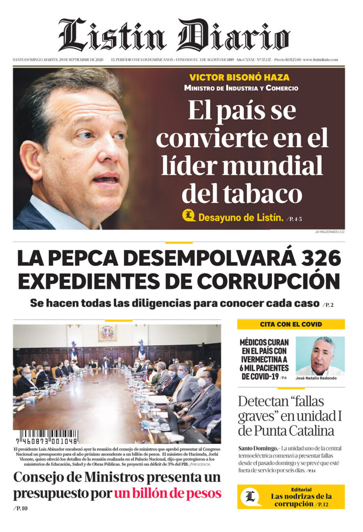 Portada Periódico Listín Diario, Martes 29 de Septiembre, 2020