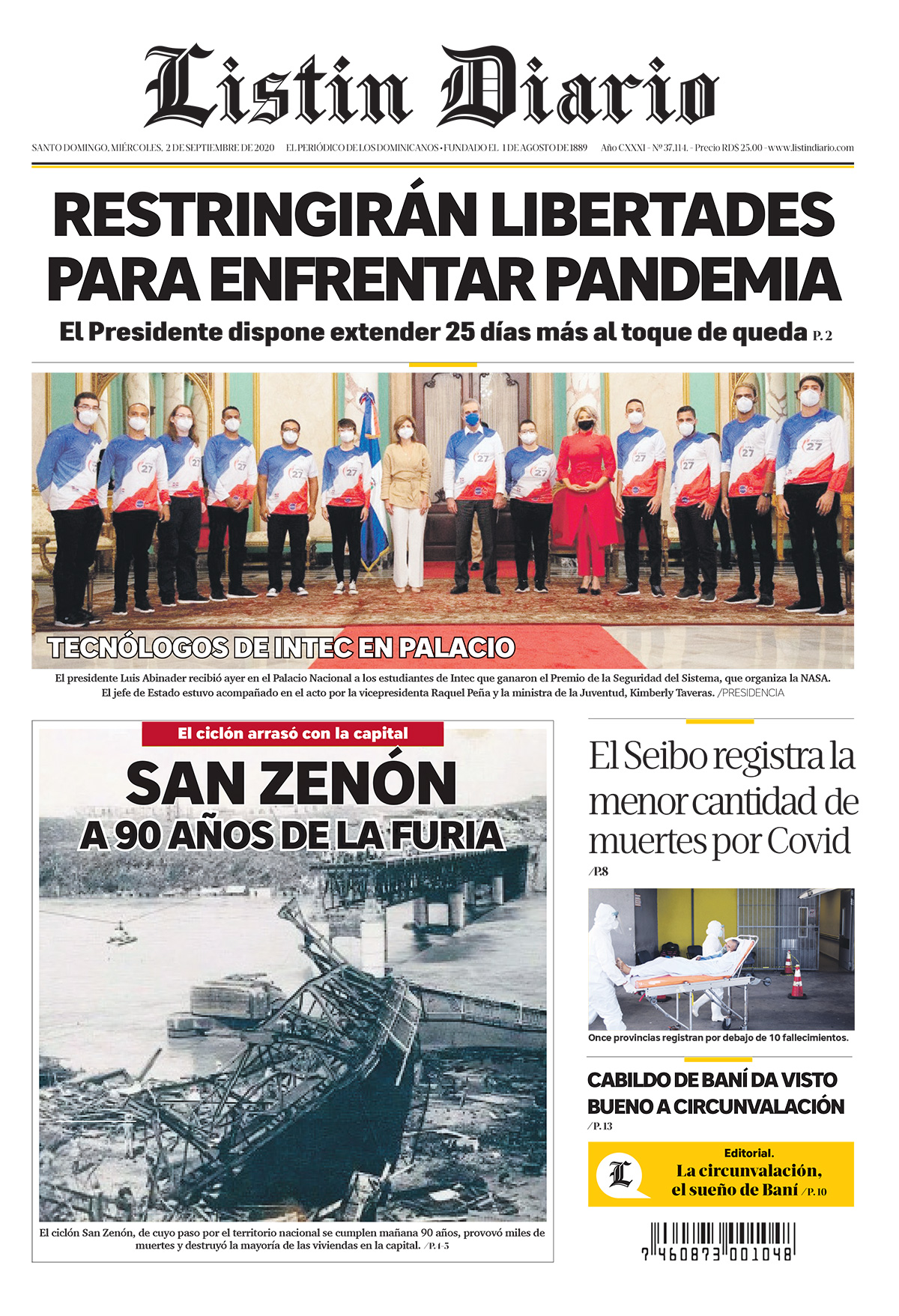 Portada Periódico Listín Diario, Miércoles 02 de Septiembre, 2020