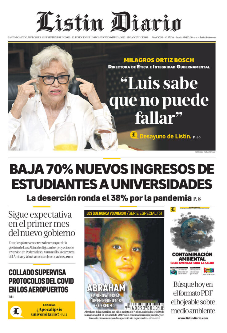Portada Periódico Listín Diario, Miércoles 16 de Septiembre, 2020