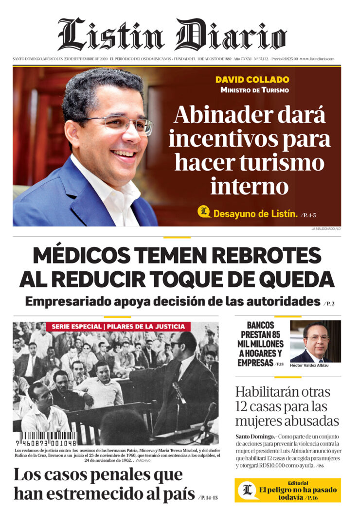 Portada Periódico Listín Diario, Miércoles 23 de Septiembre, 2020