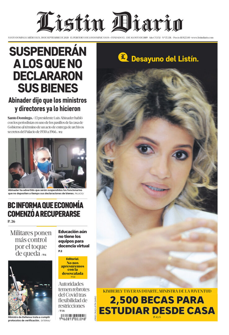Portada Periódico Listín Diario, Miércoles 30 de Septiembre, 2020