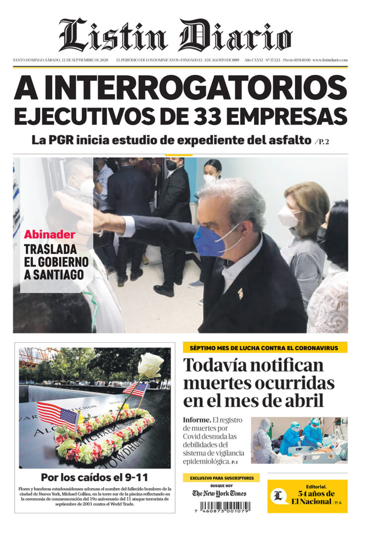 Portada Periódico Listín Diario, Sábado 12 de Septiembre, 2020