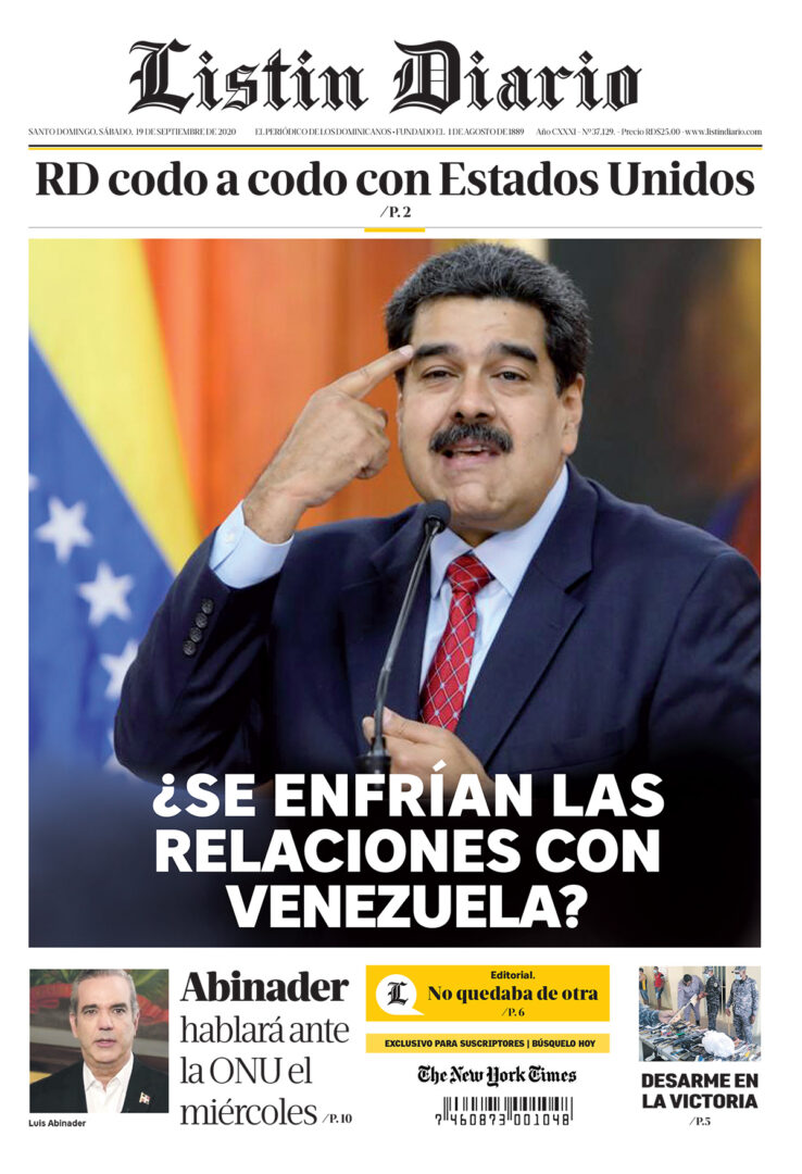 Portada Periódico Listín Diario, Sábado 19 de Septiembre, 2020