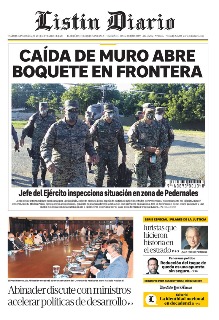 Portada Periódico Listín Diario, Sábado 26 de Septiembre, 2020