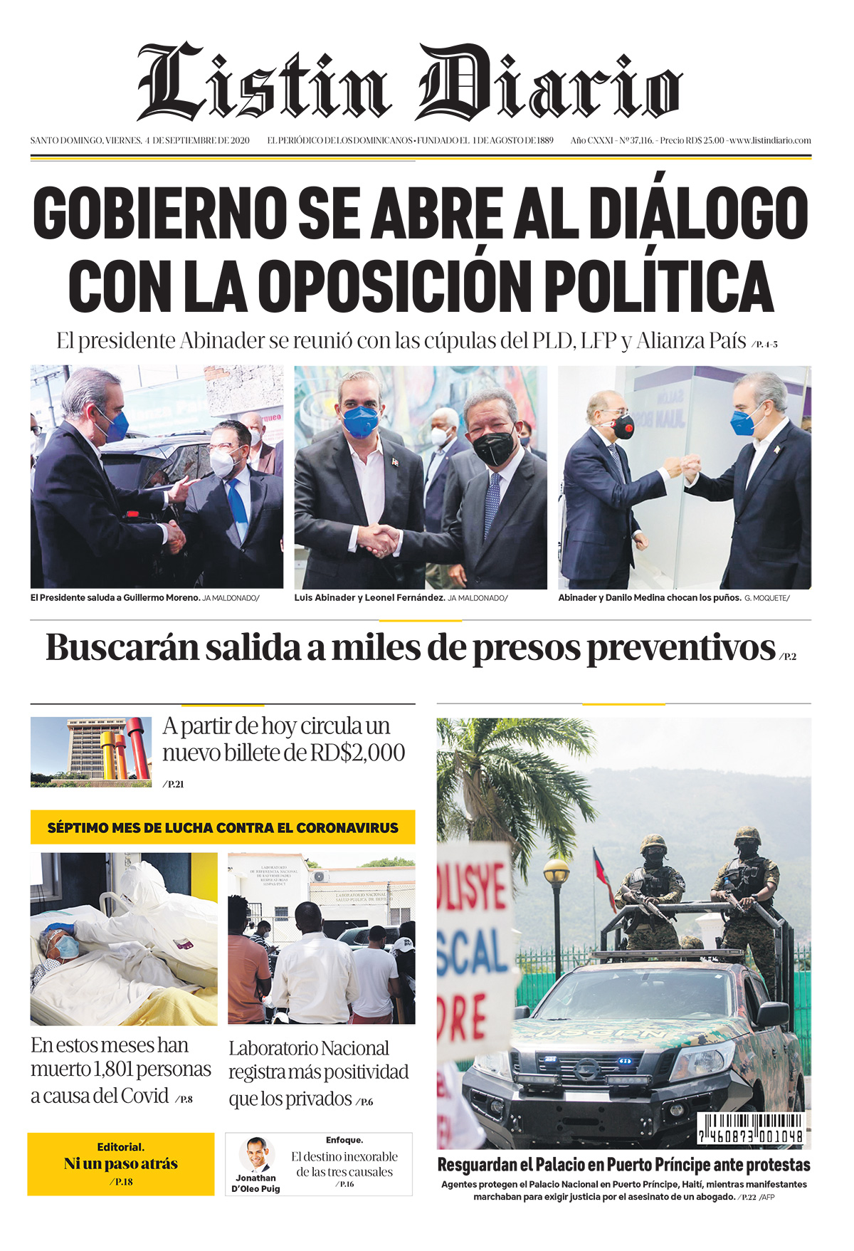 Portada Periódico Listín Diario, Viernes 04 de Septiembre, 2020