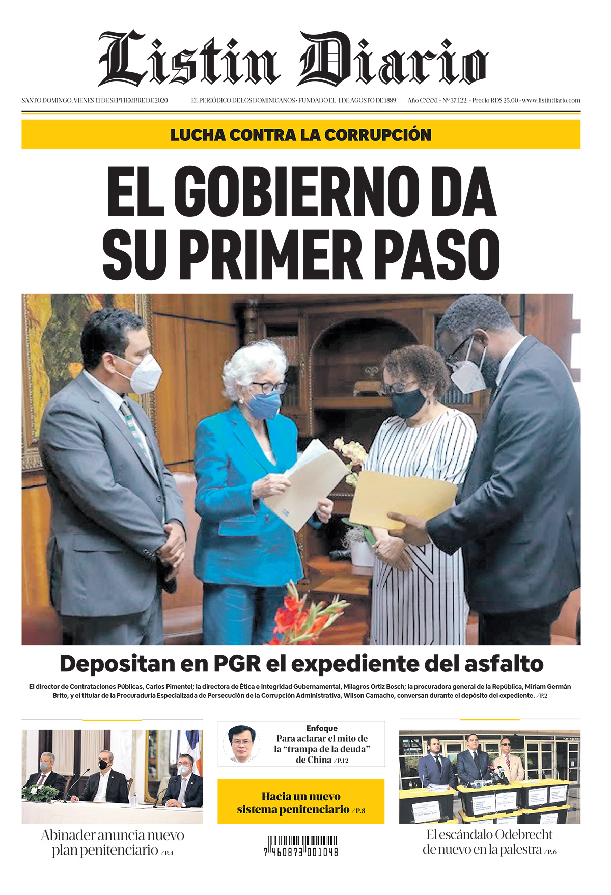 Portada Periódico Listín Diario, Viernes 11 de Septiembre, 2020