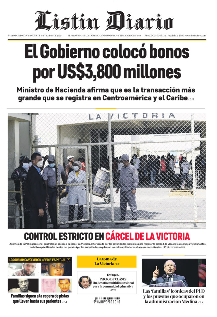 Portada Periódico Listín Diario, Viernes 18 de Septiembre, 2020