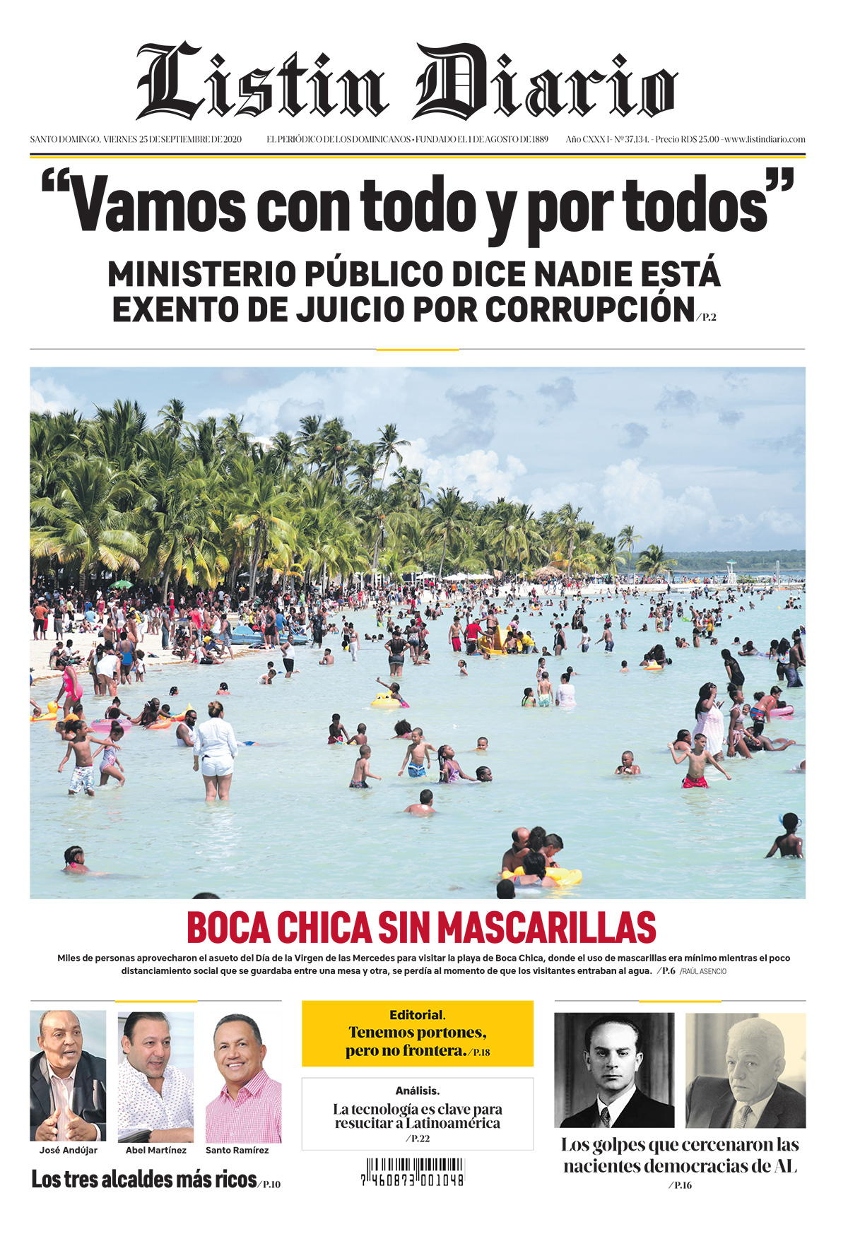 Portada Periódico Listín Diario, Viernes 25 de Septiembre, 2020