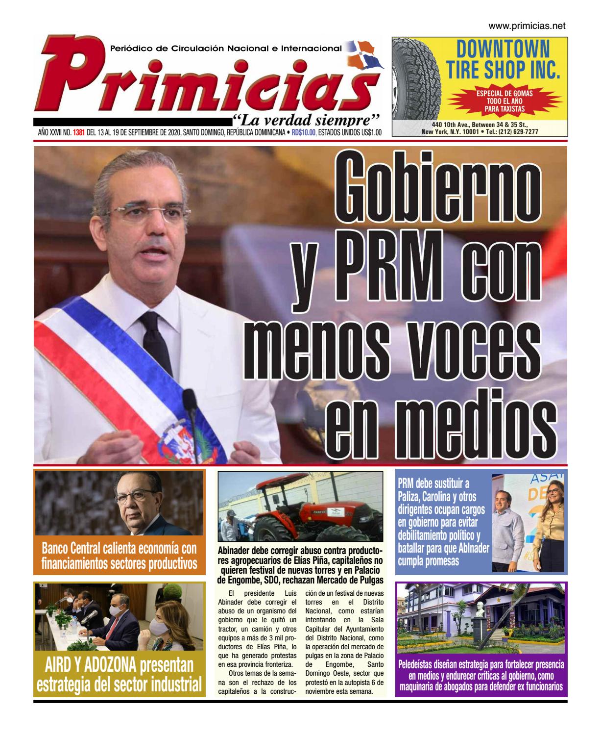 Portada Periódico Primicias, Lunes 14 de Septiembre, 2020