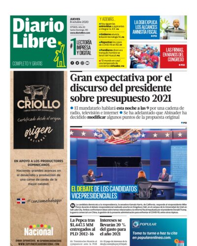 Portada Periódico Diario Libre, Jueves 08 de Octubre, 2020