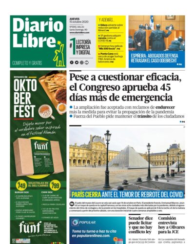 Portada Periódico Diario Libre, Jueves 15 de Octubre, 2020