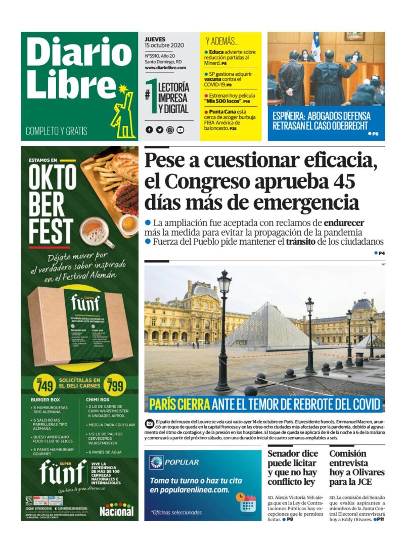 Portada Periódico Diario Libre, Jueves 15 de Octubre, 2020