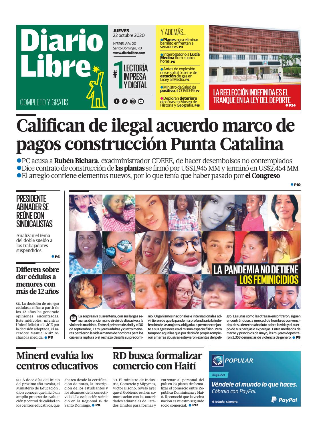 Portada Periódico Diario Libre, Jueves 22 de Octubre, 2020