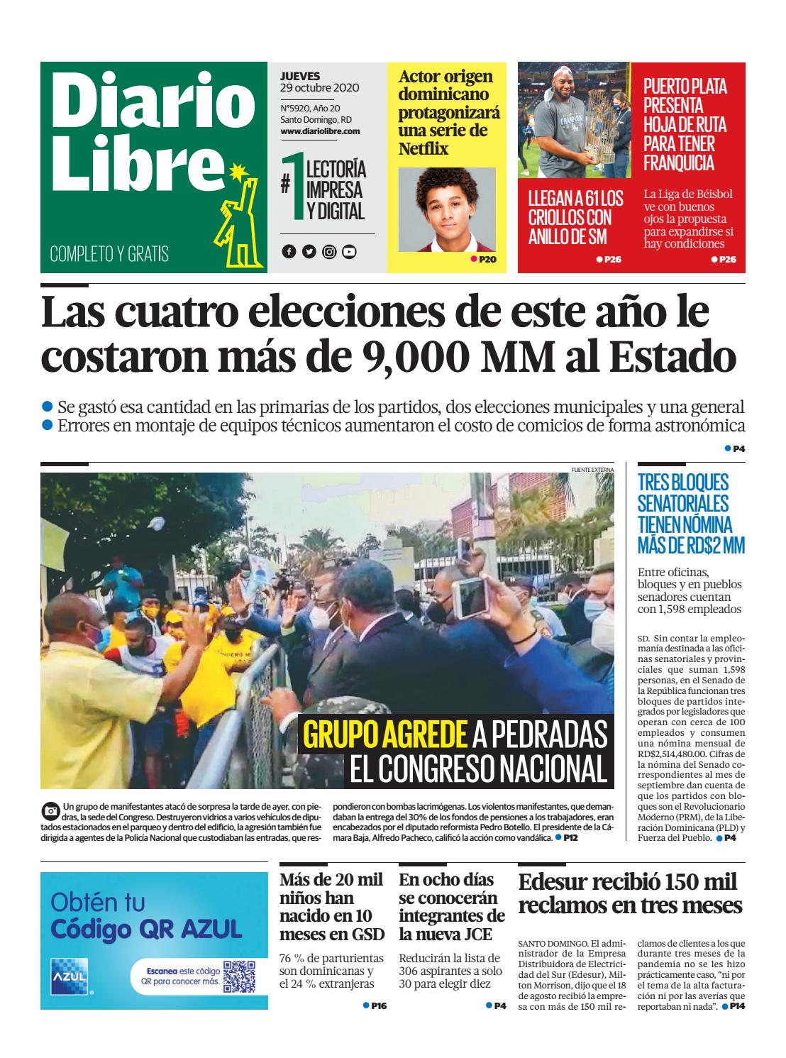 Portada Periódico Diario Libre, Jueves 29 de Octubre, 2020
