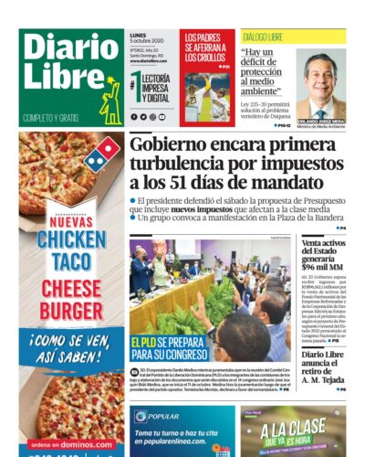 Portada Periódico Diario Libre, Lunes 05 de Octubre, 2020