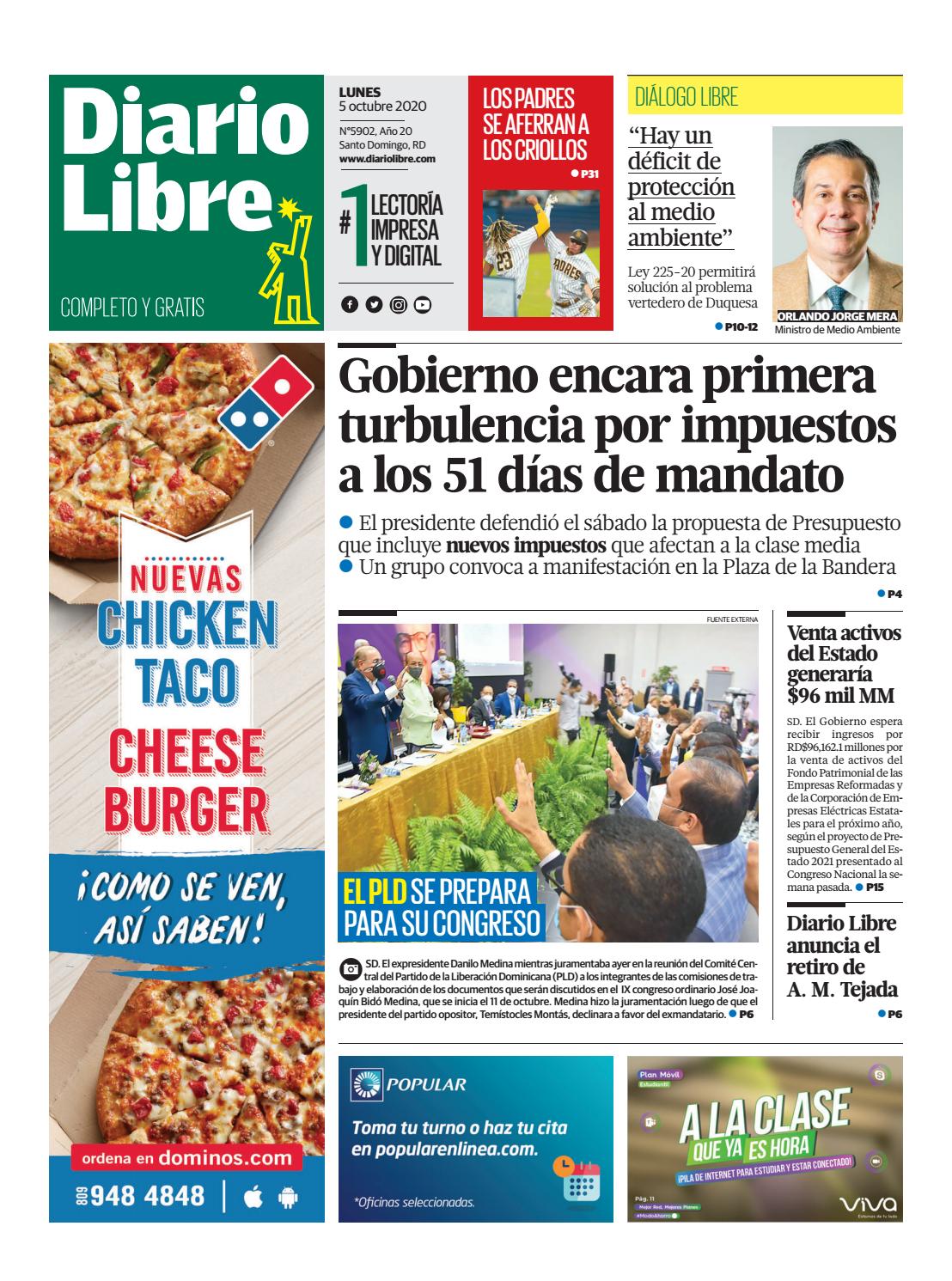 Portada Periódico Diario Libre, Lunes 05 de Octubre, 2020