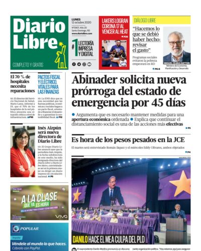 Portada Periódico Diario Libre, Lunes 12 de Octubre, 2020