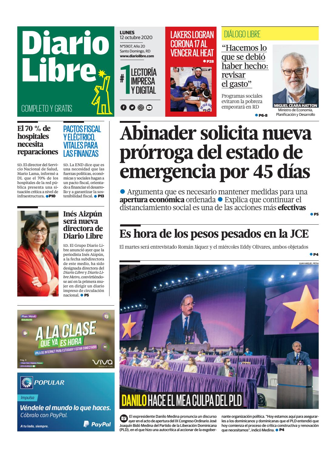 Portada Periódico Diario Libre, Lunes 12 de Octubre, 2020