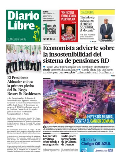 Portada Periódico Diario Libre, Lunes 19 de Octubre, 2020