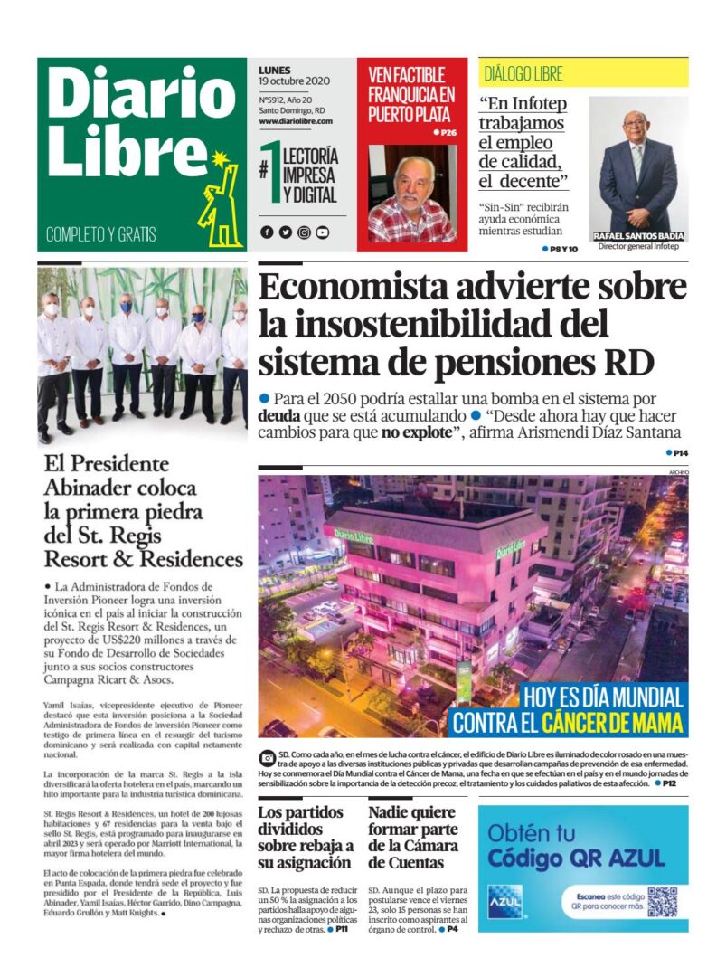 Portada Periódico Diario Libre, Lunes 19 de Octubre, 2020