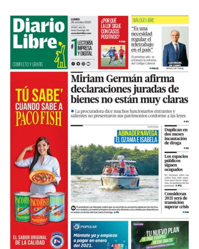 Portada Periódico Diario Libre, Lunes 26 de Octubre, 2020