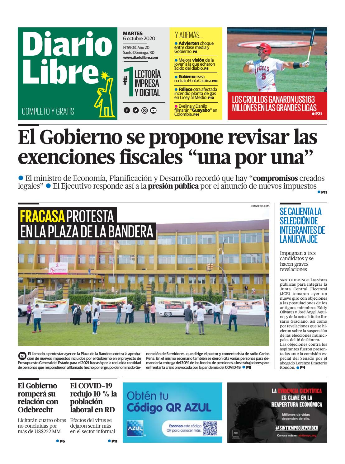 Portada Periódico Diario Libre, Martes 06 de Octubre, 2020