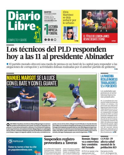 Portada Periódico Diario Libre, Martes 13 de Octubre, 2020